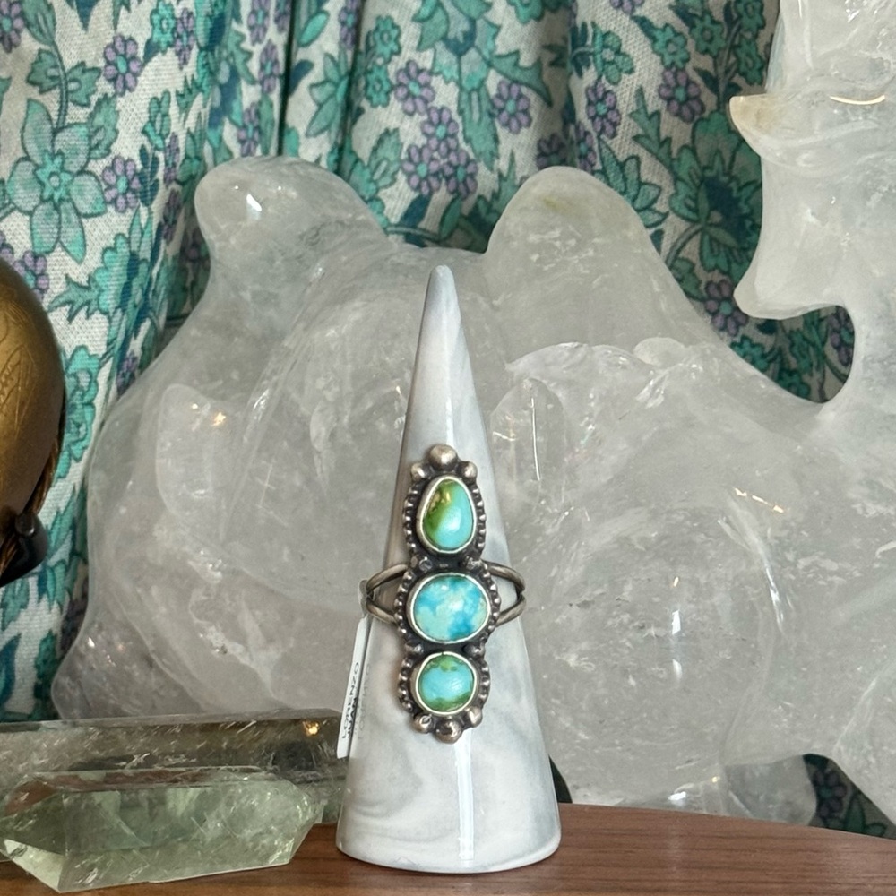 NWT Navajo Handmade Lorenzo Juan Sonoran Gold Turquoise 3 Stone SS Ring Size 9